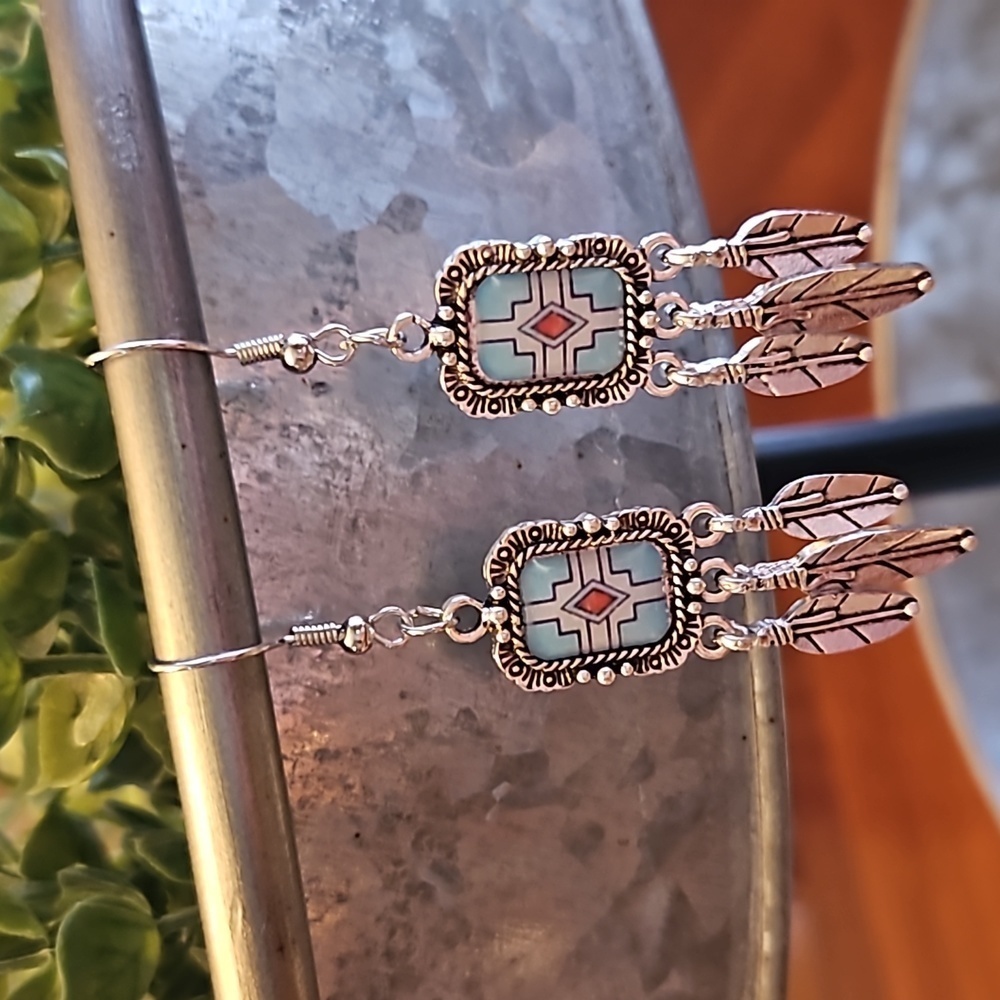 Antiqued Silver Tone Boho Southwestern Earrings
